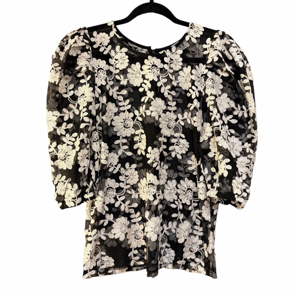Wicked Majesty black sheer puff sleeve floral embroidered blouse